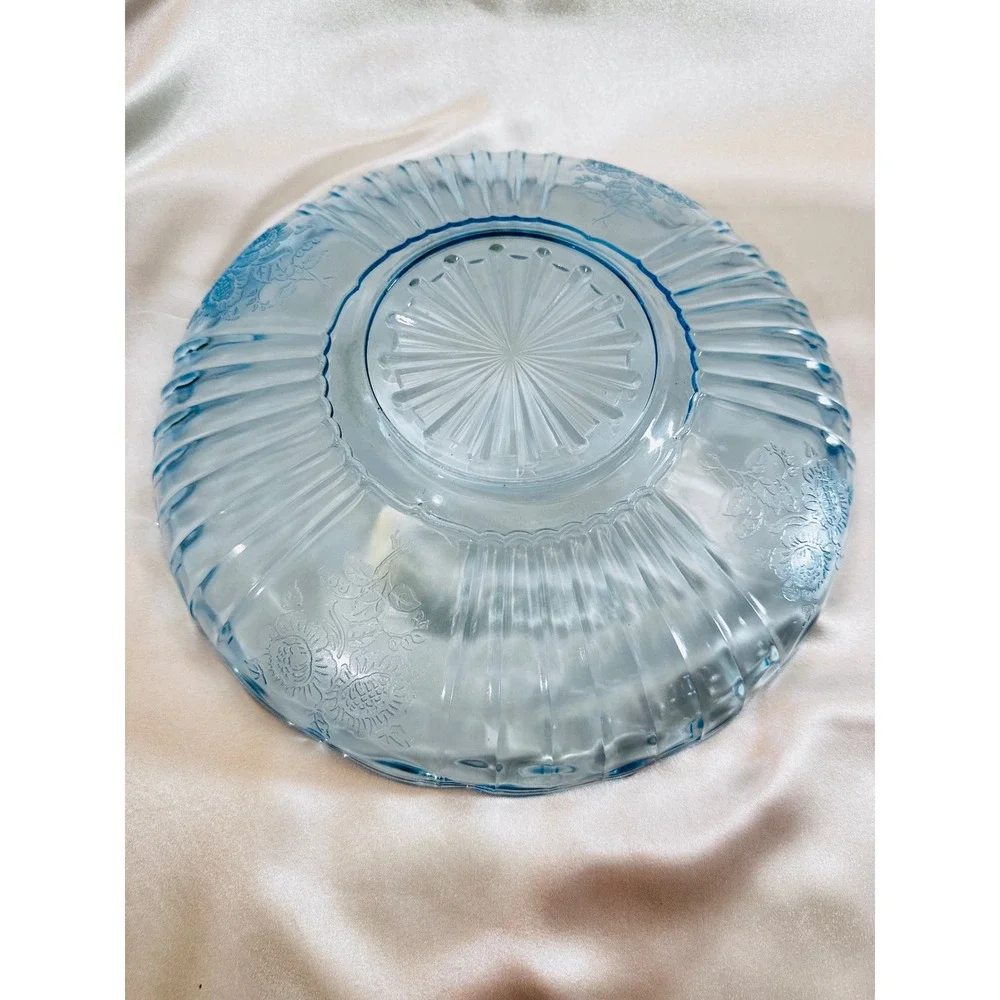 Anchor Hocking Uranium Blue Mayfair Open Rose Fruit Compote Console Bowl 11.75